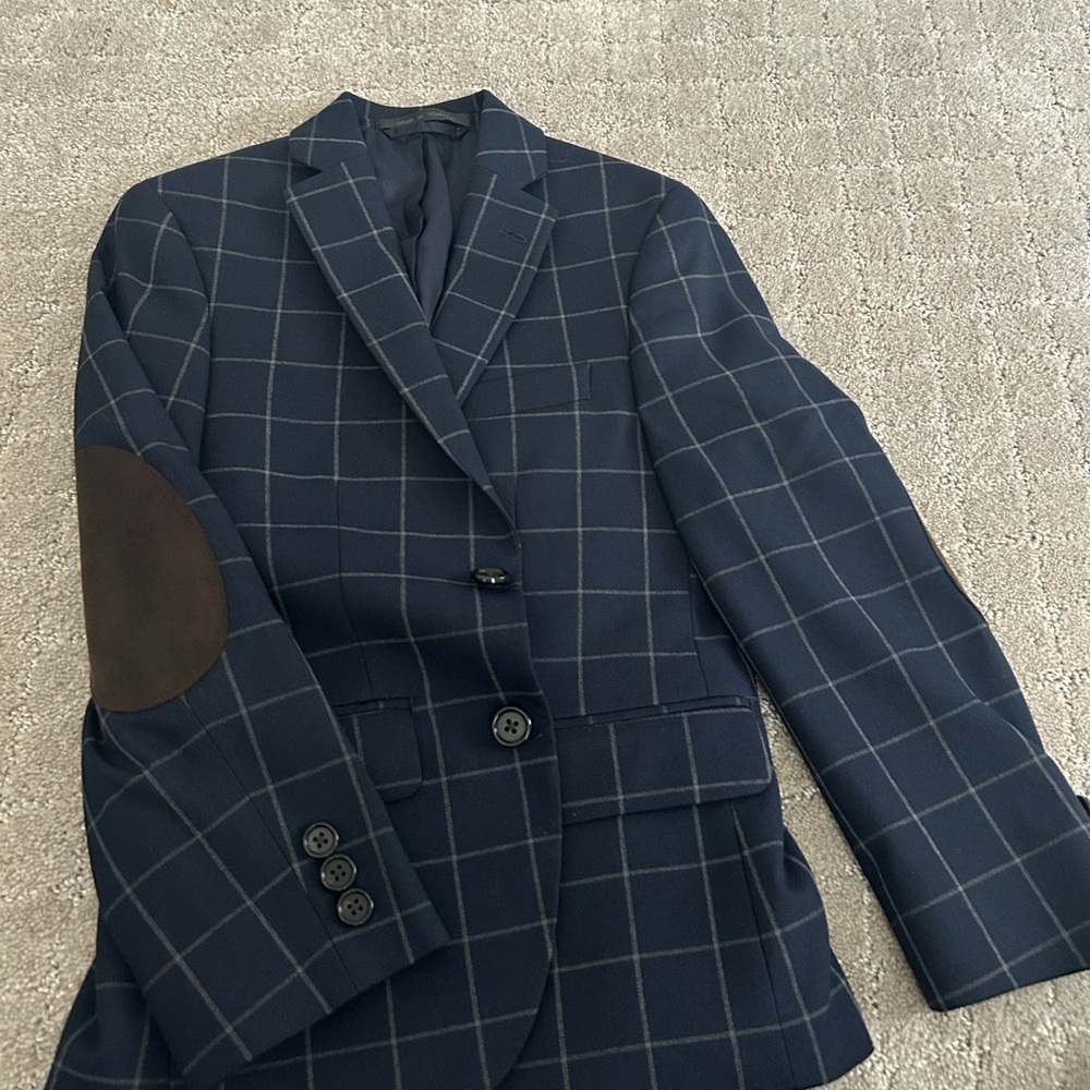 Ralph Lauren Navy Windowpane Blazer with Brown Elbow Patches
